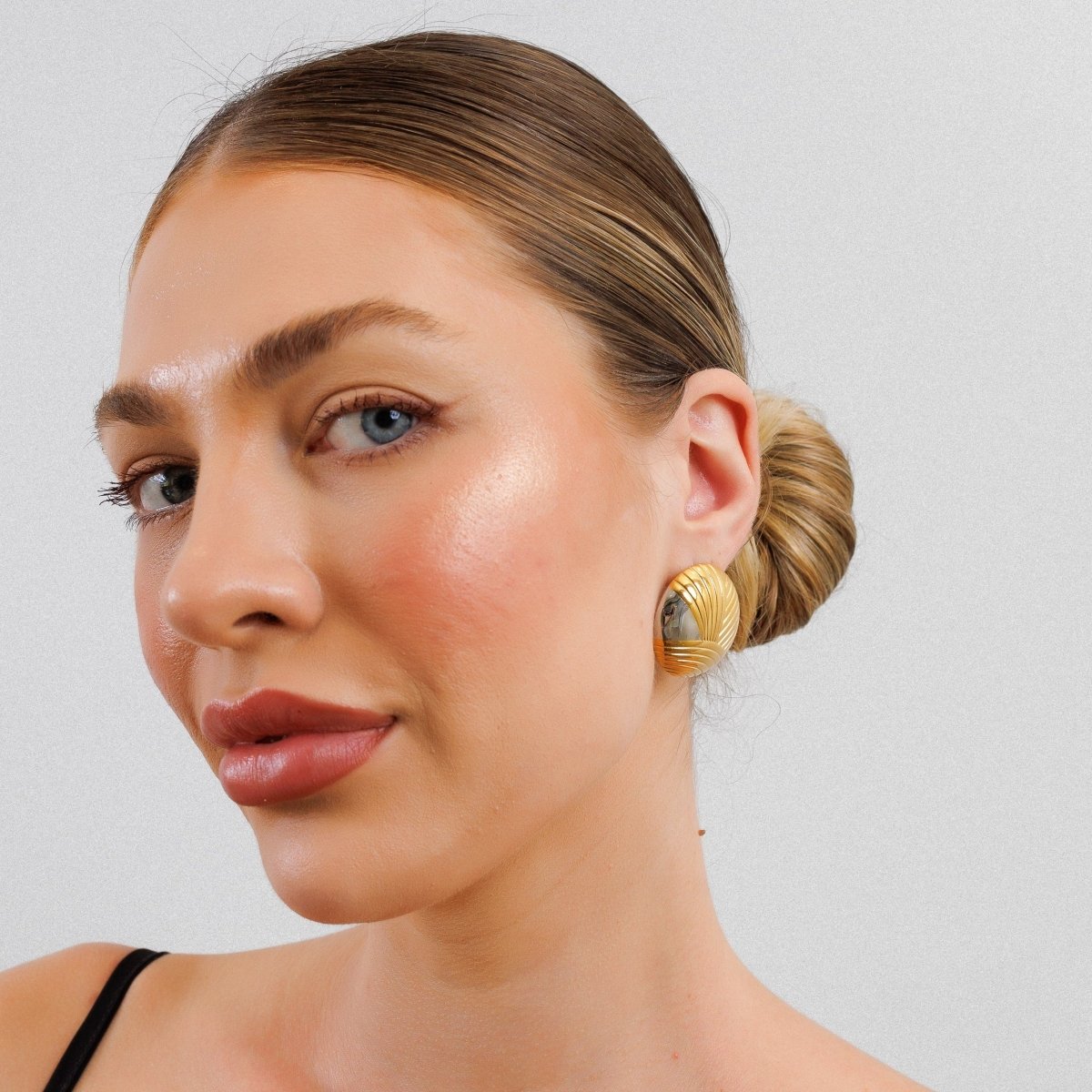 Earring Sphere Textured with Mixed Gold and Silver Finish