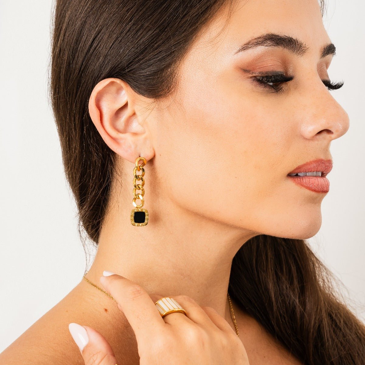 Lorenza Onyx Dangling Earrings 18K Gold Plated