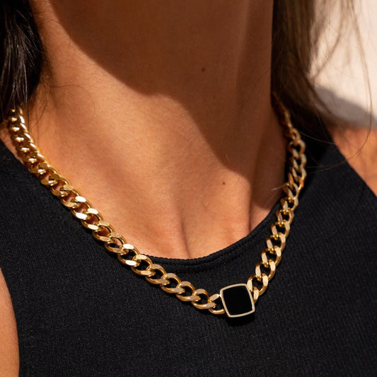 Necklace Chain Square Onyx Stone 18K Gold Plated