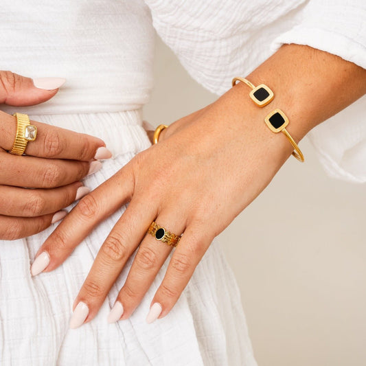 Ring Adjustable Onyx Stone 18K Gold Plated