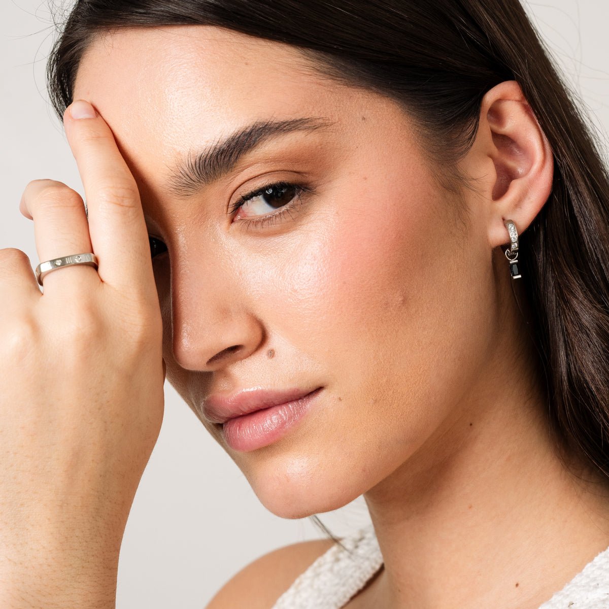 Earring Black Diamond Hoop - Silver