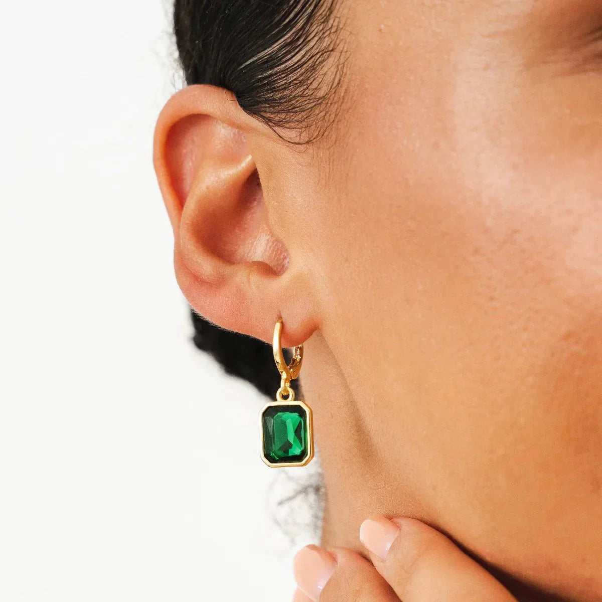 Earring Green Crystal Small Hoop 18K Gold Plated