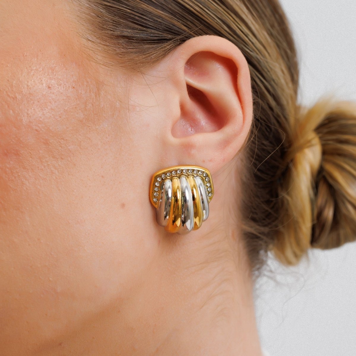 Earring Dome Crystal with Mixed Gold and Silver Finish