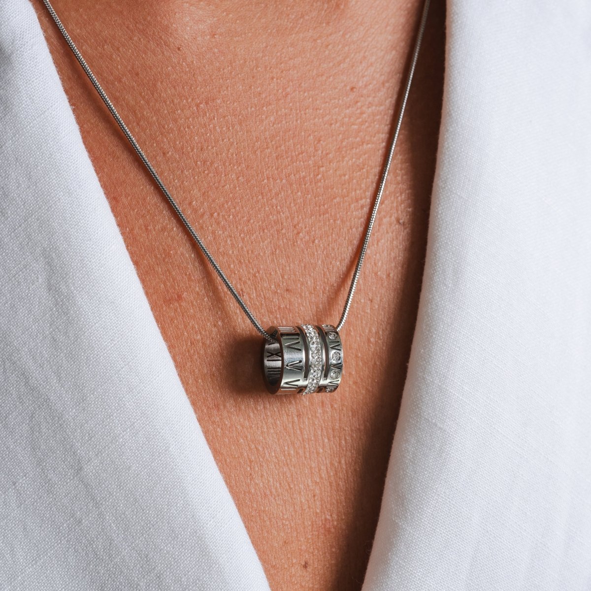 Triple Band Roman Numeral Necklace - Silver