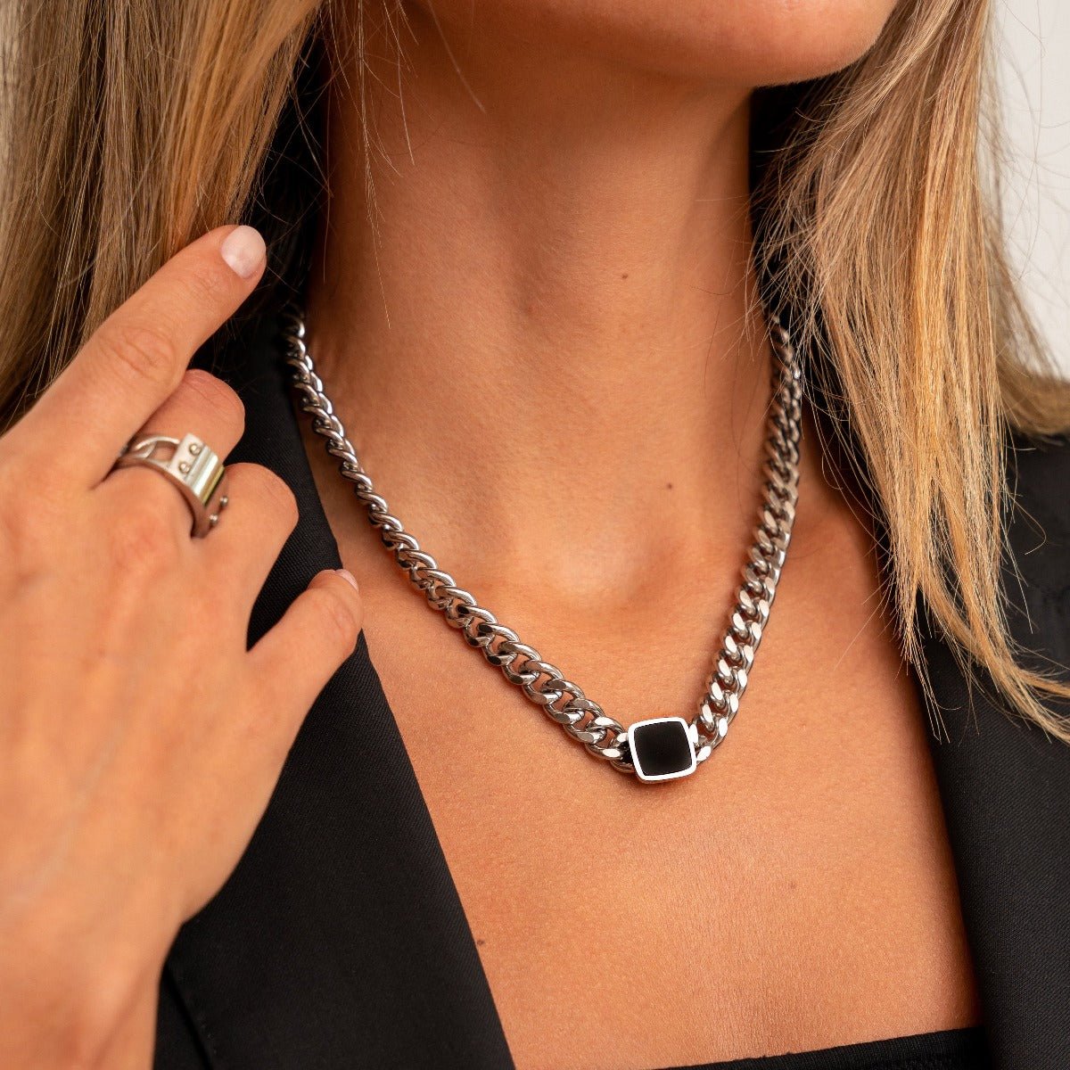 Necklace Chain Square Onyx Stone - Silver