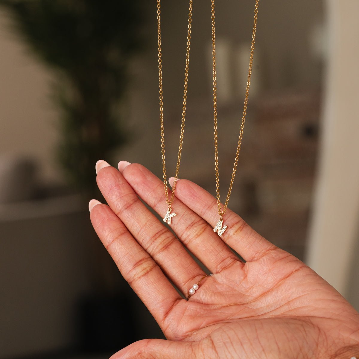 Necklace Letter Initial Stone 18K Gold Plated