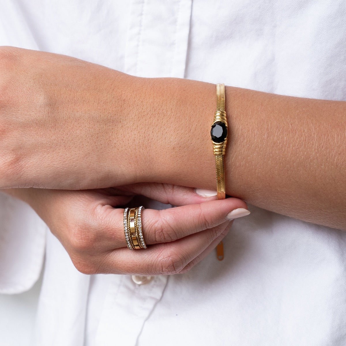 Bracelet Mesh Onyx Stone 18K Gold Plated