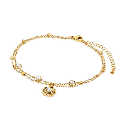 Double Pearl Floral Anklet 18K Gold Plated